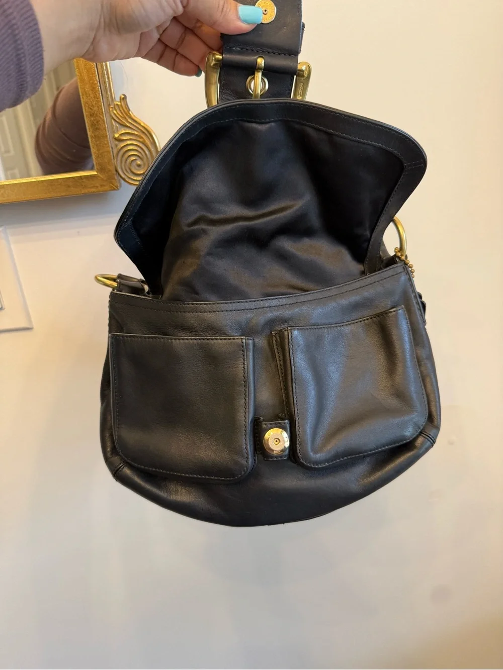 Coach Black Leather Shoulder Bag with Brass Hardware